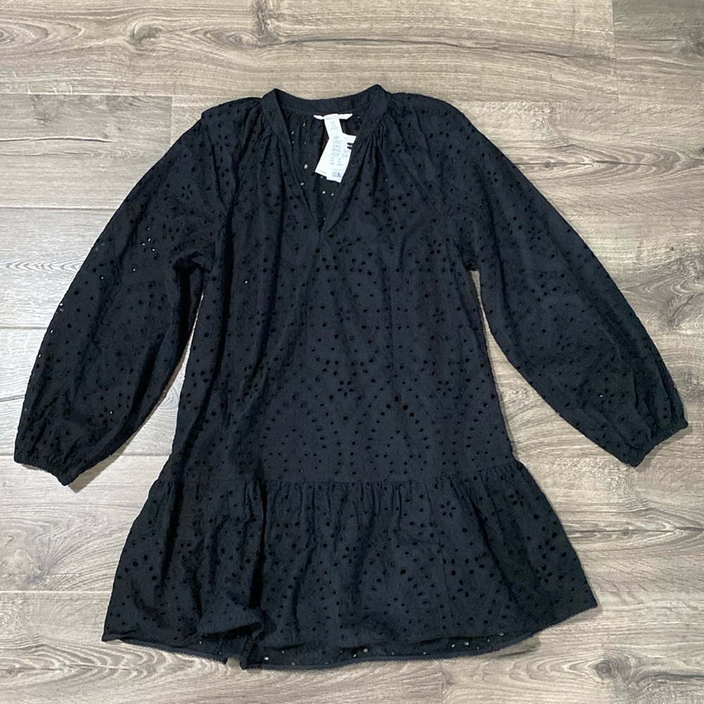 H&M Limited Cotton Short Loose Tunic Eyelet Embroidery Dress sz XS . NWT